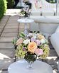 CLASSIC Low Table Centrepiece consisting of roses, lisianthus, hydrangea and dusty miller. Image by The White Orchid Floral Design.