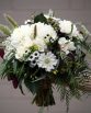 INDUSTRIAL Bridal Bouquet "Karen" consisting of white dahlias, scabiosa, roses, freesias, mini chrysanthemums, queen anne's lace, blue gum, pepper berry and black berries. Image by The White Orchid Floral Design.