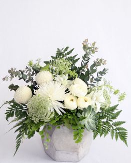 INDUSTRIAL Concrete Geo Vessel consisting of ranunculi, paper daisy, spider and pom pom chrysanthemums, succulents, Queen Anne's lace, textured foliages and ferns.  Image by The White Orchid Floral Design.