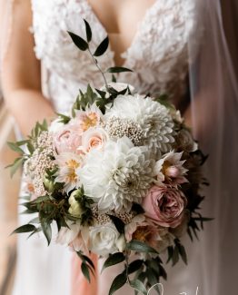 CLASSIC Bridal Bouquet "Winnie" consisting of South Australian + Australian grown roses, dahlias, riceflower, blushing bride and Italian ruscus. Image by Jason Wong Photography