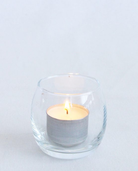 CLASSIC Tealights consisting of petite glass vessel and 9hr white unscented tealight candle.  Image by The White Orchid Floral Design.